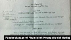 quyết định của Việt Nam tước quốc tịch đối với ông Phạm Minh Hoàng, 10/6/2017